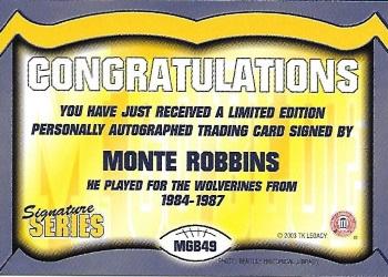 2002 TK Legacy Michigan Wolverines - Go Blue Autographs #MGB49 Monte Robbins Back