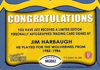 2002 TK Legacy Michigan Wolverines - Go Blue Autographs #MGB62 Jim Harbaugh Back