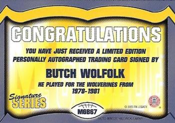 2002 TK Legacy Michigan Wolverines - Go Blue Autographs #MGB67 Butch Woolfolk Back