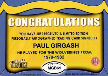 2002 TK Legacy Michigan Wolverines - Go Blue Autographs #MGB69 Paul Girgash Back