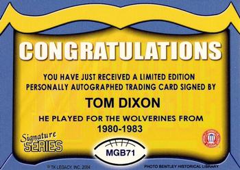 2002 TK Legacy Michigan Wolverines - Go Blue Autographs #MGB71 Tom Dixon Back
