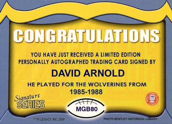 2002 TK Legacy Michigan Wolverines - Go Blue Autographs #MGB80 David Arnold Back