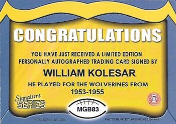 2002 TK Legacy Michigan Wolverines - Go Blue Autographs #MGB83 Bill Kolesar Back