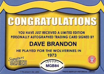 2002 TK Legacy Michigan Wolverines - Go Blue Autographs #MGB84 Dave Brandon Back