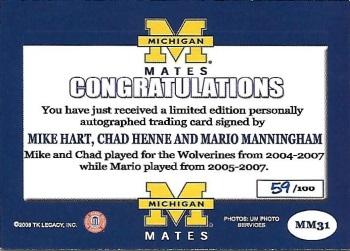2002 TK Legacy Michigan Wolverines - Mates Autographs #MM31 Mike Hart / Chad Henne / Mario Manningham Back