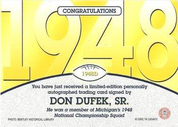 2002 TK Legacy Michigan Wolverines - National Champions Autographs #1948D Don Dufek Sr. Back
