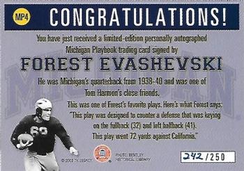 2002 TK Legacy Michigan Wolverines - Playbook Autographs #MP4 Forest Evashevski Back