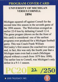 2002 TK Legacy Michigan Wolverines - Program Covers #PC20 1894 vs Cornell Back