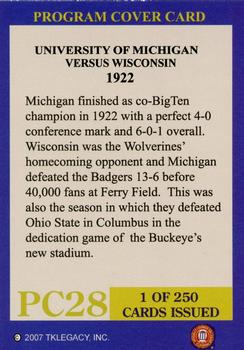 2002 TK Legacy Michigan Wolverines - Program Covers #PC28 1922 vs Wisconsin Back