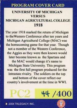 2002 TK Legacy Michigan Wolverines - Program Covers #PC2 1918 vs. Michigan Agricultural College Back