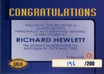 2002 TK Legacy Michigan Wolverines - Quarterback Club Autographs #QB20 Rich Hewlett Back