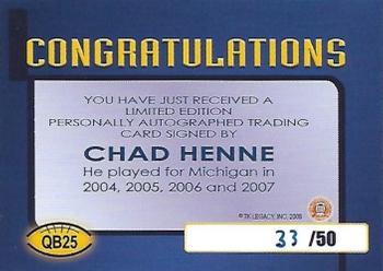 2002 TK Legacy Michigan Wolverines - Quarterback Club Autographs #QB25 Chad Henne Back