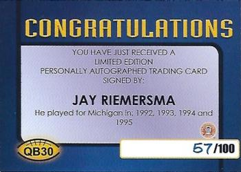 2002 TK Legacy Michigan Wolverines - Quarterback Club Autographs #QB30 Jay Riemersma Back