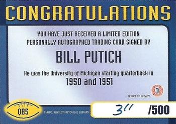 2002 TK Legacy Michigan Wolverines - Quarterback Club Autographs #QB5 Bill Putich Back