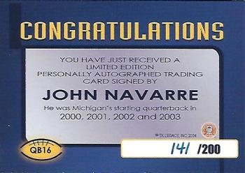 2002 TK Legacy Michigan Wolverines - Quarterback Club Autographs #QB16 John Navarre Back