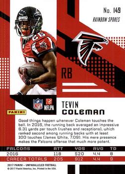 2017 Panini Unparalleled #149 Tevin Coleman Back