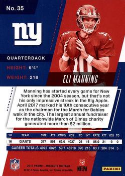 2017 Panini Absolute #35 Eli Manning Back