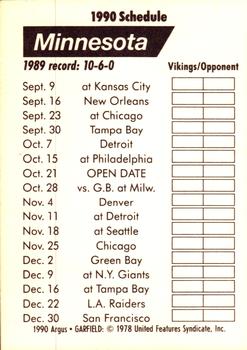 1990 Argus Garfield NFL Team Schedule Cards #NNO Minnesota Vikings Back