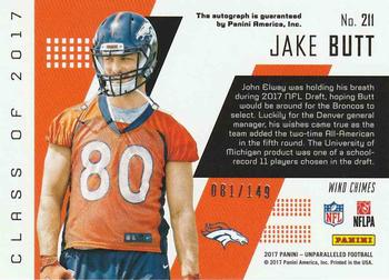 2017 Panini Unparalleled - Class of 2017 Rookie Autographs Yellow #211 Jake Butt Back