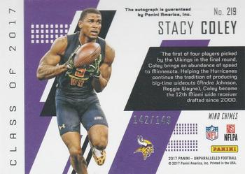 2017 Panini Unparalleled - Class of 2017 Rookie Autographs Yellow #219 Stacy Coley Back