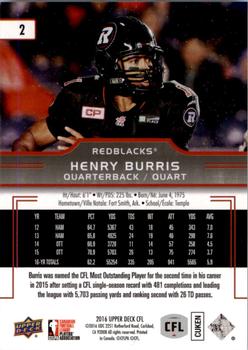 2016 Upper Deck CFL #2 Henry Burris Back