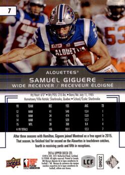 2016 Upper Deck CFL #7 Samuel Giguere Back