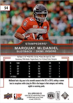2016 Upper Deck CFL #54 Marquay McDaniel Back