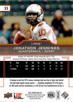 2016 Upper Deck CFL #55 Jonathon Jennings Back