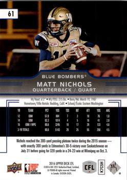 2016 Upper Deck CFL #61 Matt Nichols Back
