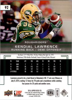 2016 Upper Deck CFL #92 Kendial Lawrence Back