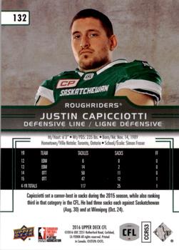 2016 Upper Deck CFL #132 Justin Capicciotti Back