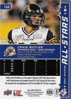 2016 Upper Deck CFL #160 Craig Butler Back