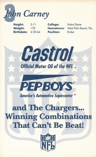 1994 Castrol San Diego Chargers  #NNO John Carney Back