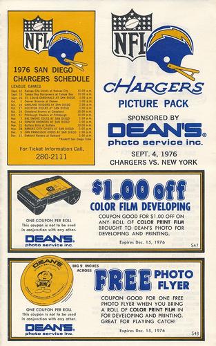 1976 Dean's Photo Service San Diego Chargers #NNO Schedule Card Front