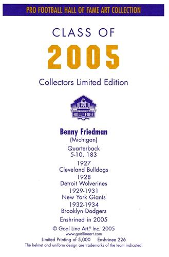 2005 Goal Line Hall of Fame Art Collection #226 Benny Friedman Back
