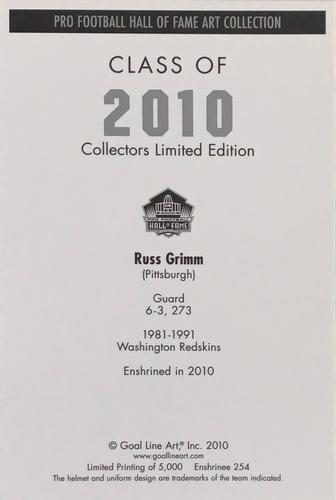2010 Goal Line Hall of Fame Art Collection #254 Russ Grimm Back