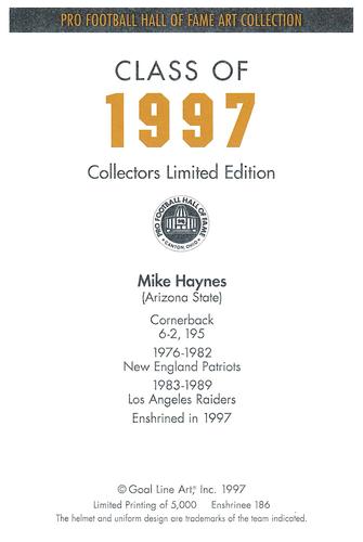 1997 Goal Line Hall of Fame Art Collection #186 Mike Haynes Back
