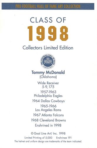 1998 Goal Line Hall of Fame Art Collection #191 Tommy McDonald Back 1998 Goal Line Hall of Fame Art Collection #191 Tommy McDonald Back