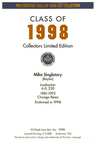 1998 Goal Line Hall of Fame Art Collection #193 Mike Singletary Back 1998 Goal Line Hall of Fame Art Collection #193 Mike Singletary Back