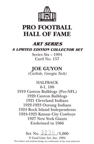1994 Goal Line Hall of Fame Art Collection #157 Joe Guyon Back