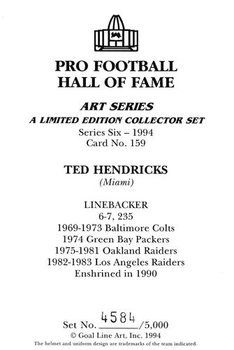 1994 Goal Line Hall of Fame Art Collection #159 Ted Hendricks Back
