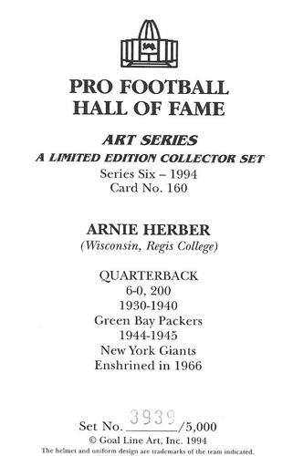 1994 Goal Line Hall of Fame Art Collection #160 Arnie Herber Back