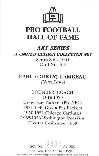 1994 Goal Line Hall of Fame Art Collection #163 Curly Lambeau Back