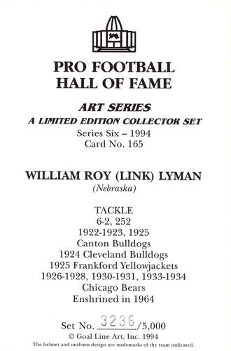 1994 Goal Line Hall of Fame Art Collection #165 Link Lyman Back