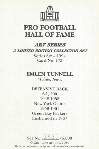 1994 Goal Line Hall of Fame Art Collection #173 Emlen Tunnell Back
