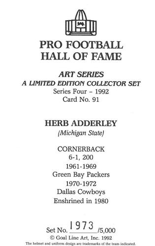 1992 Goal Line Hall of Fame Art Collection #91 Herb Adderley Back