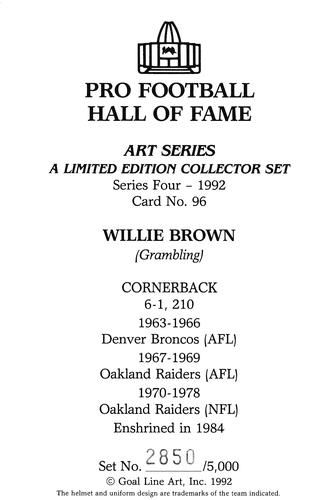 1992 Goal Line Hall of Fame Art Collection #96 Willie Brown Back