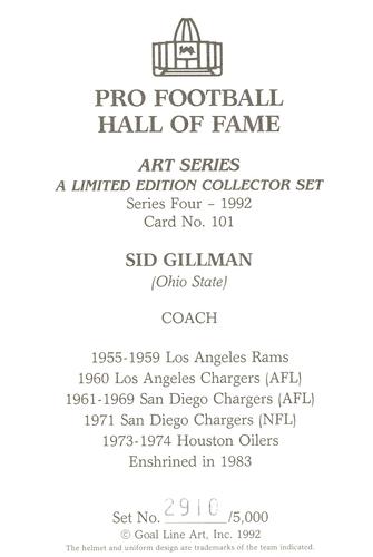 1992 Goal Line Hall of Fame Art Collection #101 Sid Gillman Back