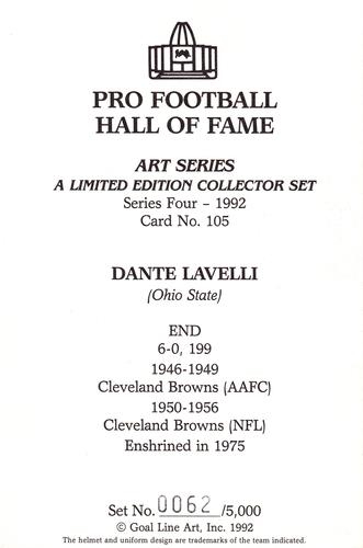 1992 Goal Line Hall of Fame Art Collection #105 Dante Lavelli Back