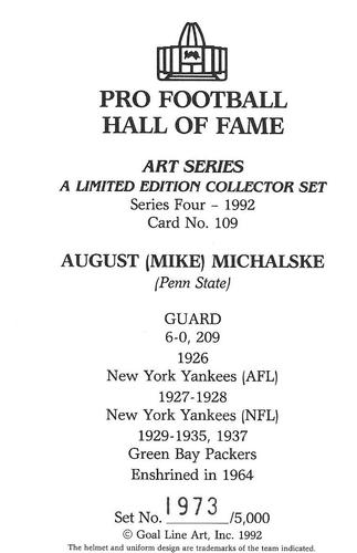 1992 Goal Line Hall of Fame Art Collection #109 Mike Michalske Back